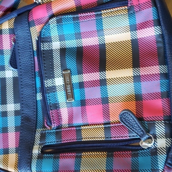 Multi Sac colorful plaid and navy backpack 9 pockets approx 12 X 11 - Picture 3 of 12